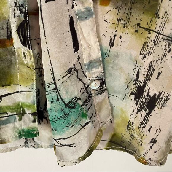 Vintage Silk Blouse Button Down Green White Black - Picture 4 of 7